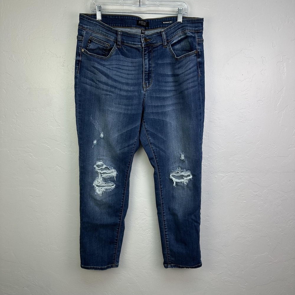 Judy Blue Jeans Womens 16W Blue Boyfriend Fit Distressed Ripped Stretch Denim